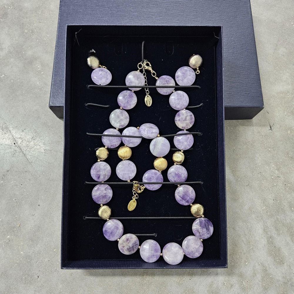 Stauer‎ Wilde Amethyst Necklace Bracelet Earrings Set Purple Gold Tone Boxed